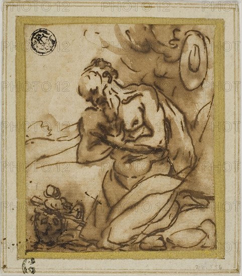 Saint Jerome, n.d., Style of Pier Francesco Mola (Italian, 1612-1666), or Luca Cambiaso (Italian, 1527-1585), Italy, Pen and iron gall ink, with brush and brown wash, on cream laid paper, laid down on ivory wove card, 85 x 72 mm