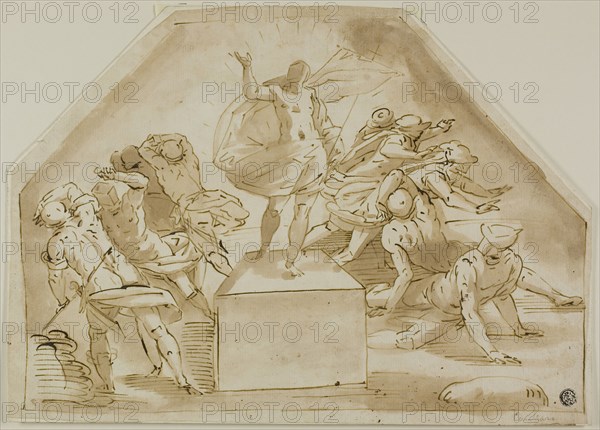 Resurrection, c. 1570, Attributed to Luca Cambiaso, Italian, 1527-1585, Italy, Pen and brown ink with brush and brown wash, over traces of graphite, on ivory laid paper, laid down on ivory laid paper, 242 x 337 mm