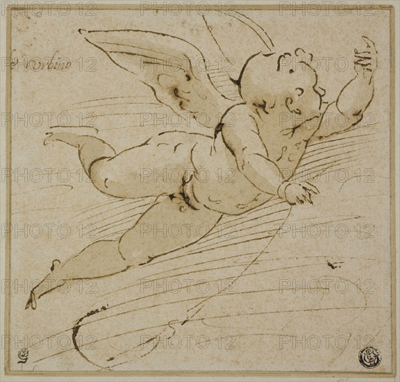 Flying Putto, c. 1581, Attributed to Francesco da Urbino, Italian, c. 1545-1582, Italy, Pen and brown ink, with brush and brown wash, on ivory laid paper, laid down on ivory laid paper, 165 x 172 mm