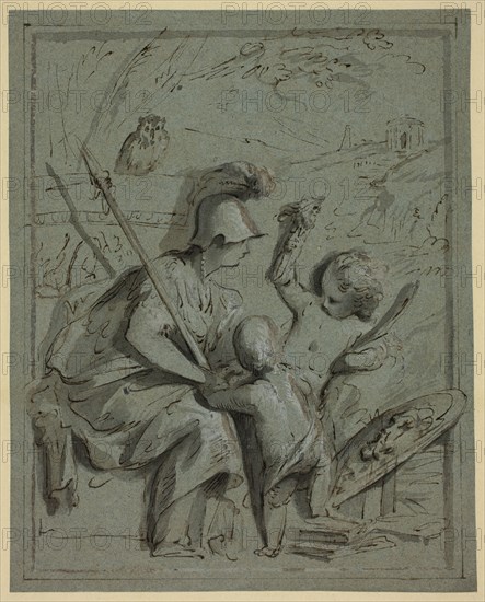 Minerva with Two Putti, n.d., Jacob de Wit, Dutch, 1695-1754, Holland, Pen and brown ink with brush and gray wash, heightened with lead white (partly discolored), on blue laid paper, laid down on card, 210 x 168 mm