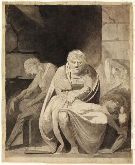 Ugolino and His Sons Starving to Death in the Tower, 1806, Henry Fuseli, Swiss, active in England, 1741-1825, England, Pen and black ink and brush and black, gray, and red wash, over traces of graphite, on grayish-ivory laid paper, 639 × 522 mm