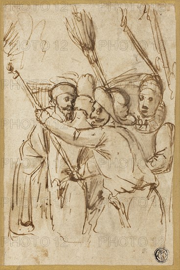 Carnival Figures, n.d., Attributed to Antonio Carracci (Italian, 1583-1618), or possibly Agostino Carracci (Italian, 1557-1602), Italy, Pen and brown ink with brush and brown wash, on ivory laid paper, laid down on cream laid card, 170 x 108 mm