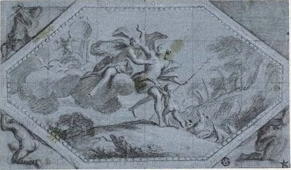 Ceiling Decoration with Venus and Adonis, n.d., Attributed to Giovanni Battista Cipriani, Italian, 1727-1785, Italy, Black chalk, heightened with white chalk, squared in black chalk, on blue laid paper, laid down on gray wove paper, 195 x 332 mm