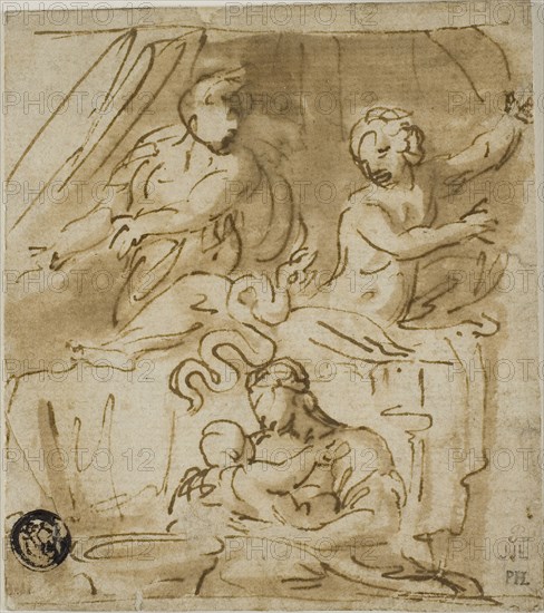 Birth of Alexander, 17th century, After Polidoro Caldara, called Polidoro da Caravaggio, Italian, c. 1499-c. 1543, Italy, Pen and brown ink with brush and brown wash, on ivory laid paper, laid down on tan wove paper, 105 x 92 mm