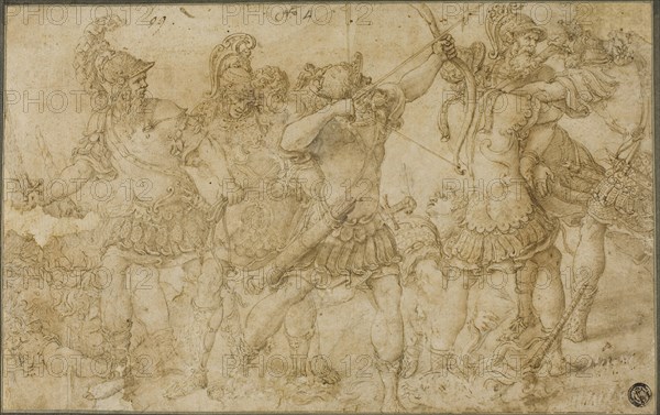 Fighting Warriors, c. 1540, Unknown Artist, Italian, Mantuan, late 16th century, Italy, Pen and brown ink with brush and brown wash, over traces of black chalk, on cream laid paper, laid down on ivory wove card, 181 x 287 mm (max.)