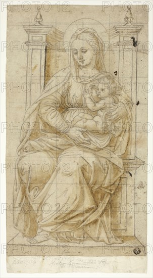 Virgin Nursing the Christ Child, n.d., Unknown Artist, Italian, early 16th century, Central Italy, Brush and brown and gray wash over traces of black chalk, on cream laid paper, pricked for transfer, squared in graphite, 349 × 198 mm (ma×.)