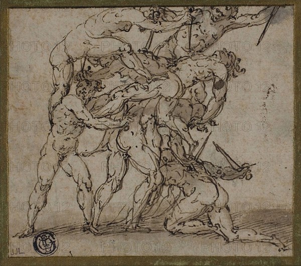 Male Nudes Locked in Combat with Daggers, n.d., Unknown Artist, Italian, late 16th century, Italy, Pen and brown ink, with brush and brown wash, on buff laid paper, laid down on cream laid card, 101 x 115 mm