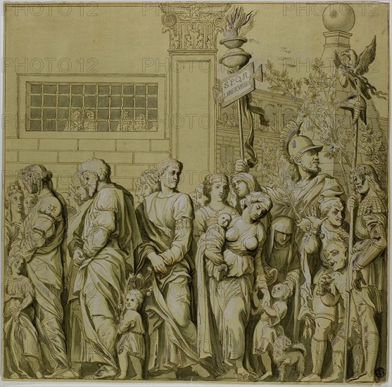 Triumphs of Julius Caesar: Canvas No. VII, 18th century, After Andrea Mantegna, Italian, 1431-1506, Italy, Pen and brown ink, with brush and gray wash, heightened with lead white (oxidized), on cream laid paper prepared with yellow wash, 370 x 372 mm