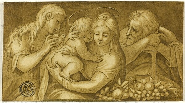 Holy Family with Mary Magdalene, late 18th century, After Francesco Mazzola, called Parmigianino, Italian, 1503-1540, Italy, Pen and brown ink with brush and brown wash, on cream laid paper, laid down on ivory laid paper, 62 x 113 mm