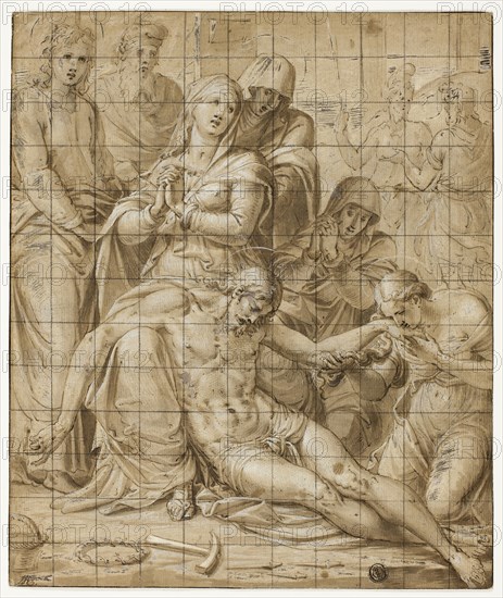 Deposition, 1540/46, Luca Penni, Italian, 1500/04-1557, Italy, Pen and brown ink and brush and brown wash, heightened with lead white (partly oxidized), on buff laid paper, squared in graphite, laid down on ivory laid paper, 289 x 242 mm (max.)