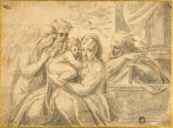 Holy Family with Mary Magdalene and Male Saint, late 16th century, After Francesco Mazzola, called Parmigianino, Italian, 1503-1540, Italy, Pen and brown ink and brush and gray wash with touches of black chalk, on cream laid paper laid down on cream wove card, 170 x 231 mm