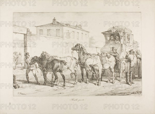 Mail Coach, 1818, Horace Vernet (French, 1789-1863), printed by Francois Seraphin Delpech (French, 1778-1825), France, Lithograph in black on ivory wove paper, 331 × 509 mm (image), 455 × 620 mm (sheet)