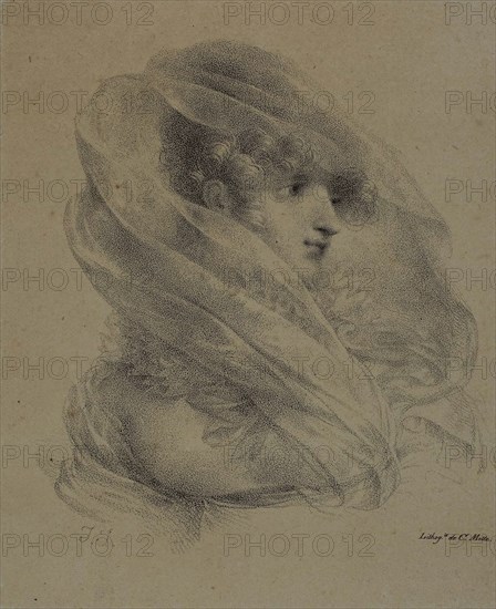 Mme. Ledieu, c. 1820, Jean Baptiste Isabey (French, 1767-1855), printed by Charles Étienne Pierre Motte (French, 1785-1836), France, Lithograph in black on tan China paper, laid down on ivory wove paper, 125 × 112 mm (image), 150 × 123 mm (primary support), 346 × 260 mm (secondary support)