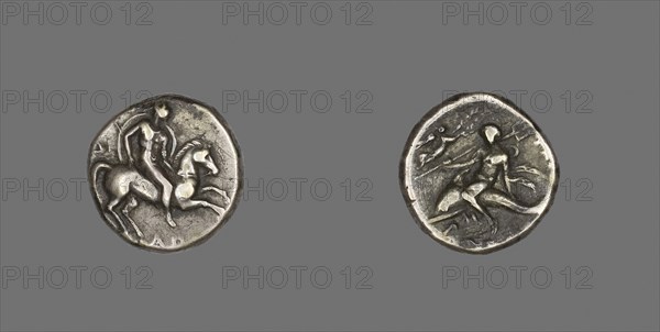 Stater (Coin) Depicting Horseman, 272/235 BC, Greek, minted in Tarentum, Calabria, Italy, Taranto, Silver, Diam. 2 cm, 6.24 g