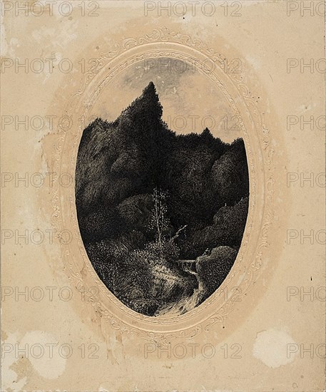 The Traveler in the Mountains, 1870/79, Rodolphe Bresdin, French, 1825-1885, France, Pen and black ink with brush and gray wash, on tan embossed card, 167 × 139 mm