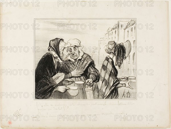 What a fuss this sour-face from the fifth floor is making! Wearing a hat just to buy two cups of milk for one sou!, Oh, Madame Capitaine, aren’t we fancy today…, plate 36 Types Parisiens, 1840, Honoré Victorin Daumier, French, 1808-1879, France, Lithograph in black on white wove paper, 169 × 214 mm (image), 270 × 360 mm (sheet)