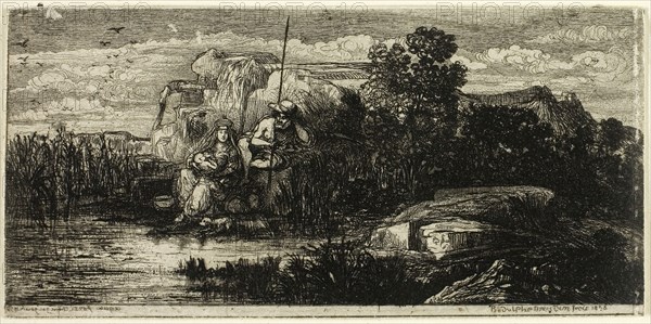 The Holy Family with Pole, 1858, Rodolphe Bresdin, French, 1825-1885, France, Etching on gray wove paper, 52 × 108 mm