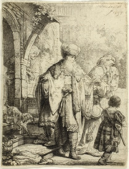 Abraham Casting out Hagar and Ishmael, 1637, Rembrandt van Rijn, Dutch, 1606-1669, Holland, Etching on paper, 127 x 96 mm (image/plate), 129 x 98 mm (sheet)