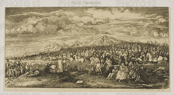 The Roman Army, from Revue Fantaisiste, 1856, Rodolphe Bresdin, French, 1825-1885, France, Etching on cream China paper laid down on white wove paper, 65 × 126 mm (image/chine), 79 × 142 mm (plate)