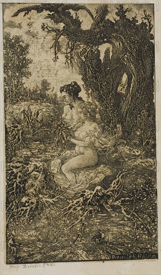Two Women Bathing at Water’s Edge, from Revue Fantaisiste, 1861, Rodolphe Bresdin, French, 1825-1885, France, Etching on cream China paper laid down on ivory wove paper, 141 × 81 mm (plate), 216 × 149 mm (sheet)