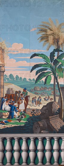 Scenic Wallpaper: The Battle of Heliopolis, First edition, c. 1818, Designed by Jean-Julien Deltil, Paris, France, Block-printed, hand colored paper, 230.7 × 307.7 × 2.2 cm (7 ft. 6 13/16 in. × 10 ft. 1 1/8 in. × 7/8 in.)