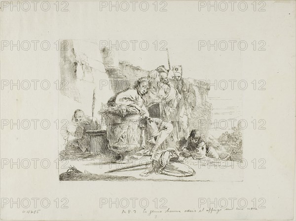 Seated Youth Leaning Against an Urn, from Capricci, 1740/50, published 1785, Giambattista Tiepolo, Italian, 1696-1770, Italy, Etching on paper, 140 x 180 mm