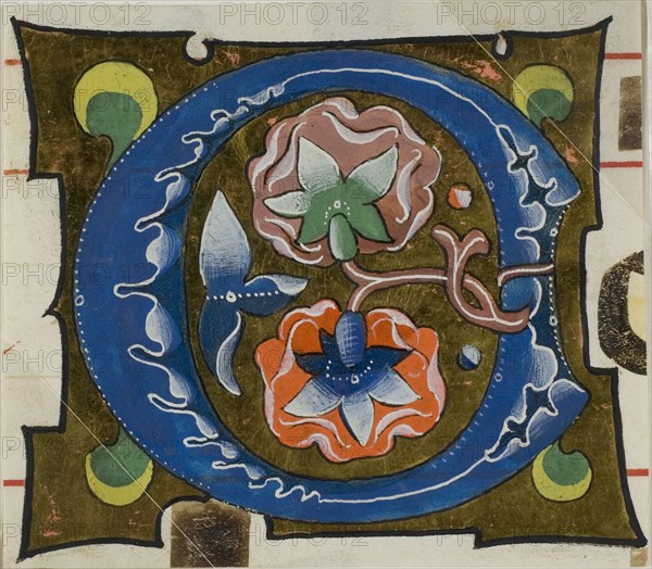 Decorated Initial O with Flowers from a Choir Book, 14th century or modern, c. 1920, European, Europe, Manuscript cutting in tempera and gold leaf on vellum, 68 × 76 mm
