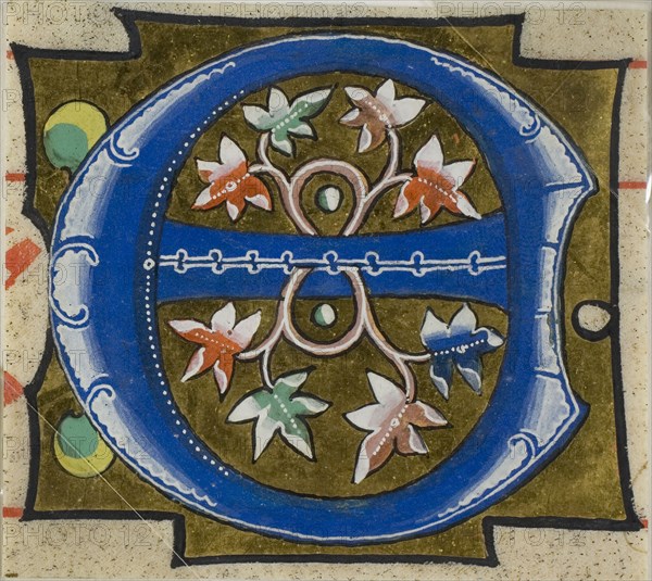 Decorated Initial E with Flowers from a Choir Book, 14th century or modern, c. 1920, European, Europe, Manuscript cutting in tempera and gold leaf on vellum, 63 × 71 mm
