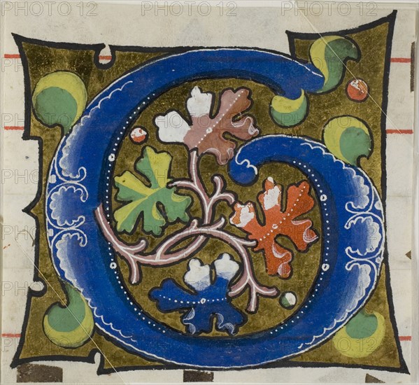 Decorated Initial G with Flowers from a Choir Book, 14th century or modern, c. 1920, European, Europe, Manuscript cutting in tempera and gold leaf on vellum, 68 × 73 mm