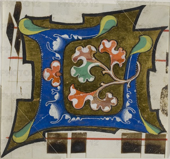 Decorated Initial L with Flowers from a Choir Book, 14th century or modern, c. 1920, European, Europe, Manuscript cutting in tempera and gold leaf on vellum, 69 × 74 mm