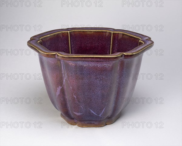 Lobed Flowerpot, Ming dynasty (1368–1644), 15th century, China, Jun ware, stoneware with opaque reddish-blue glaze, H. 17.5 cm (6 7/8 in.), diam. 25.6 cm (10 1/16 in.)