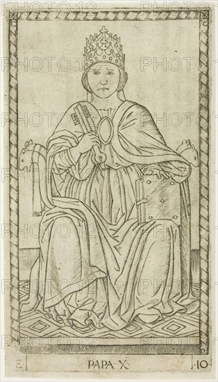 The Pope, plate ten from The Ranks and Conditions of Men, c. 1465, Master of the E-Series Tarocchi, Italian, active c. 1465, Italy, Engraving on paper, 178 x 100 mm (plate), 184 x 103 mm (sheet)