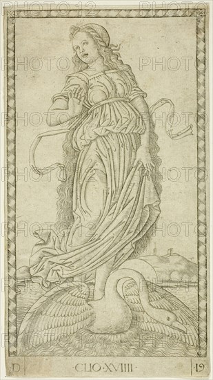 Clio, plate nineteen from Apollo and the Muses, c. 1465, Master of the E-Series Tarocchi, Italian, active c. 1465, Italy, Engraving on paper, 181 x 100 mm