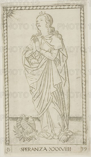 Hope, plate 39 from Genii and Virtues, c. 1465, Master of the E-Series Tarocchi, Italian, active c. 1465, Italy, Engraving on paper, 178 x 101 mm (plate), 184 x 105 mm (sheet)