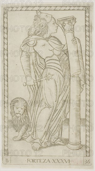 Fortitude, plate 36 from Genii and Virtues, c. 1465, Master of the E-Series Tarocchi, Italian, active c. 1465, Italy, Engraving in black on cream laid paper, 180 × 100 mm (plate), 186 × 105 mm (sheet)