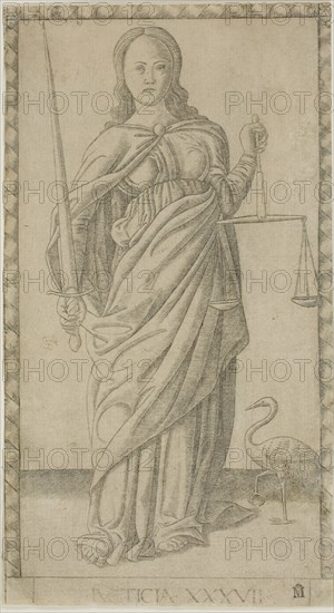 Justice, plate 37 from Genii and Virtues, c. 1465, Master of the E-Series Tarocchi, Italian, active c. 1465, Italy, Engraving in black on tan laid paper, 178 x 99 mm