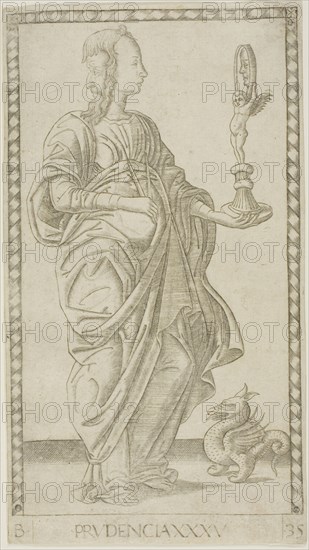Prudence, plate 35 from Genii and Virtues, c. 1465, Master of the E-Series Tarocchi, Italian, active c. 1465, Italy, Engraving on paper, 180 x 100 mm