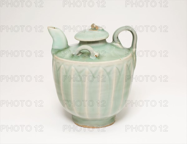 Ewer with Lotus Flower Petals, Song dynasty (960–1279), 13th century, China, Celadon-glazed stoneware with underglaze molded, carved, and applied decoration, H. 12.6 cm (4 15/16 in.), diam. 10.9 cm (4 5/16 in.)