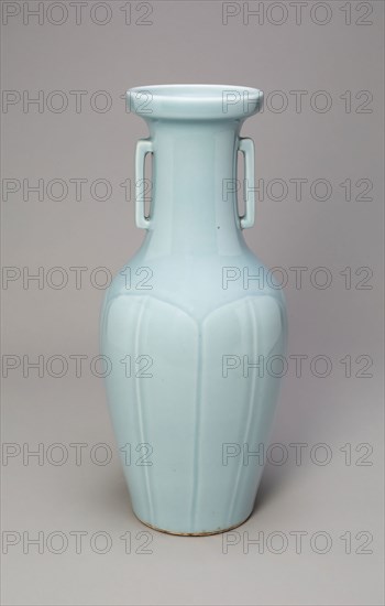 Vase with Rectangular Handles, Qing dynasty (1644–1911), Qianlong reign mark and period (1736–1795), China, Porcelain with pale lavender-blue (tianlan) glaze, H. 30.1 cm (11 7/8 in.), diam. 13.4 cm (5 1/4 in.)