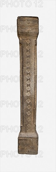 Pillar from Tomb Chamber, Western Han dynasty (206 B.C.–A.D. 9), 1st century B.C., China, probably from Zhengzhou, Henan province, China, Gray earthenware with impressed and carved decoration, 111.5 × 18.0 × 17.5 cm (43 7/8 × 7 1/16 × 6 7/8 in.)