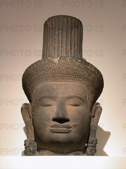 Head of a Male Deity (Deva), Angkor period, 10th/11th century, Cambodia, Cambodia, Sandstone, 54.5 × 33.0 × 26.0 cm (21 1/2 × 13 × 10 1/4 in.)