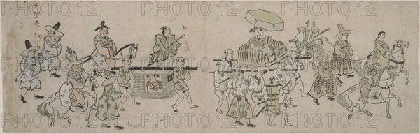 Korean Embassy Parade, 1682, Attributed to Hishikawa Moronobu, Japanese, (?)-1694, Japan, Hand-colored woodblock prints, makimono-e, 24.2 x 75 cm (9 1/2 x 29 1/2 in.)