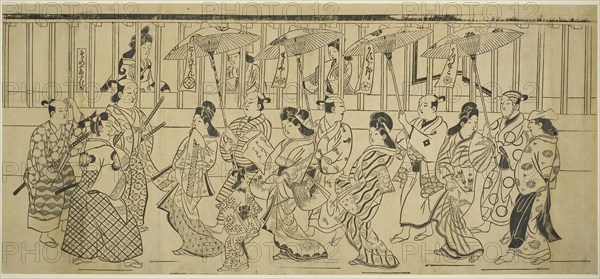 A Parade of Courtesans, c. 1690, Attributed to Hishikawa Moronobu, Japanese, (?)-1694, Japan, Woodblock print, sumizuri-e, kakemono yoko-e, 31.0 x 68.0 cm