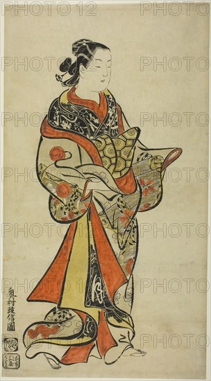 Standing Courtesan, 1710s, Okumura Masanobu, Japanese, 1686-1764, Japan, Hand-colored woodblock print, o-oban, sumizuri-e, 54.0 x 29.3 cm