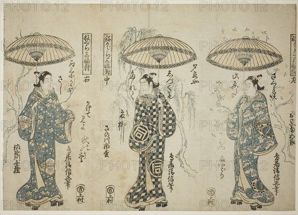 The Actors Onoe Kikugoro I (right), Sanogawa Ichimatsu I (center), and Sanogowa Senzo (left), from the triptych Negura sanpukutsui, c. 1748, Torii Kiyonobu II, Japanese, active c. 1725-61, Japan, Color woodblock print, hosoban triptych, benizuri-e, 29.7 x 42 cm (11 11/16 x 16 1/2 in.)