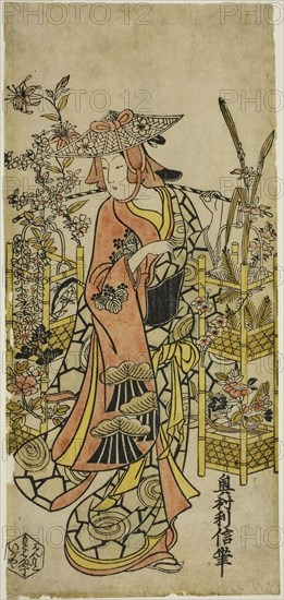 The Actor Hayakawa Hatsuse as a Flower Vendor, mid–1720s, Okumura Toshinobu, Japanese, active c. 1717-50, Japan, Hand-colored woodblock print, hosoban, urushi-e, 31.7 x 14.4 cm (12 1/2 x 5 3/4 in.)