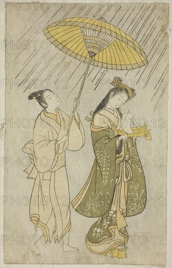 Parody of Komachi praying for rain, 1765, Attributed to Ishikawa Toyonobu, Japanese, 1711-1785, Japan, Color woodblock print, chuban, benizuri-e, 11 1/8 x 7 in.