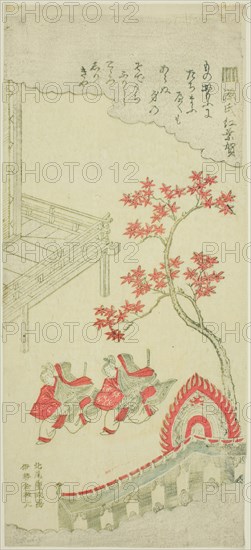 The Maple Festival (Momiji no ga) from chapter 7 of The Tale of Genji, early 1760s, Kitao Shigemasa, Japanese, 1739-1820, Japan, Color woodblock print, hosoban, mizu-e, 12 1/4 x 5 1/2 in.