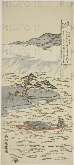 Night Rain at Karasaki (Karasaki yau), from the series Eight Views of Omi (Omi hakkei no uchi), early 1760s, Suzuki Harunobu ?? ??, Japanese, 1725 (?)-1770, Japan, Color woodblock print, hosoban, benizuri-e, 12 1/8 x 5 1/2 in.