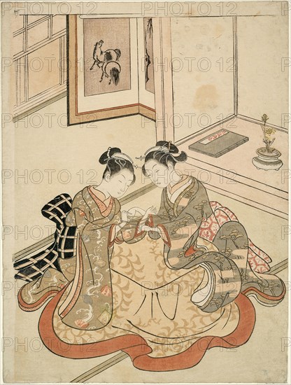 Young Women Playing Cat’s Cradle, c. 1767/68, Attributed to Suzuki Harunobu ?? ??, Japanese, 1725 (?)-1770, Japan, Color woodblock print, chuban, 28.7 x 21.4 cm (11 3/8 x 8 3/8 in.)